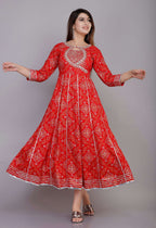 VOJ Women's Red Rayon Embroidered & Printed Anarkali Kurta | Grocsy