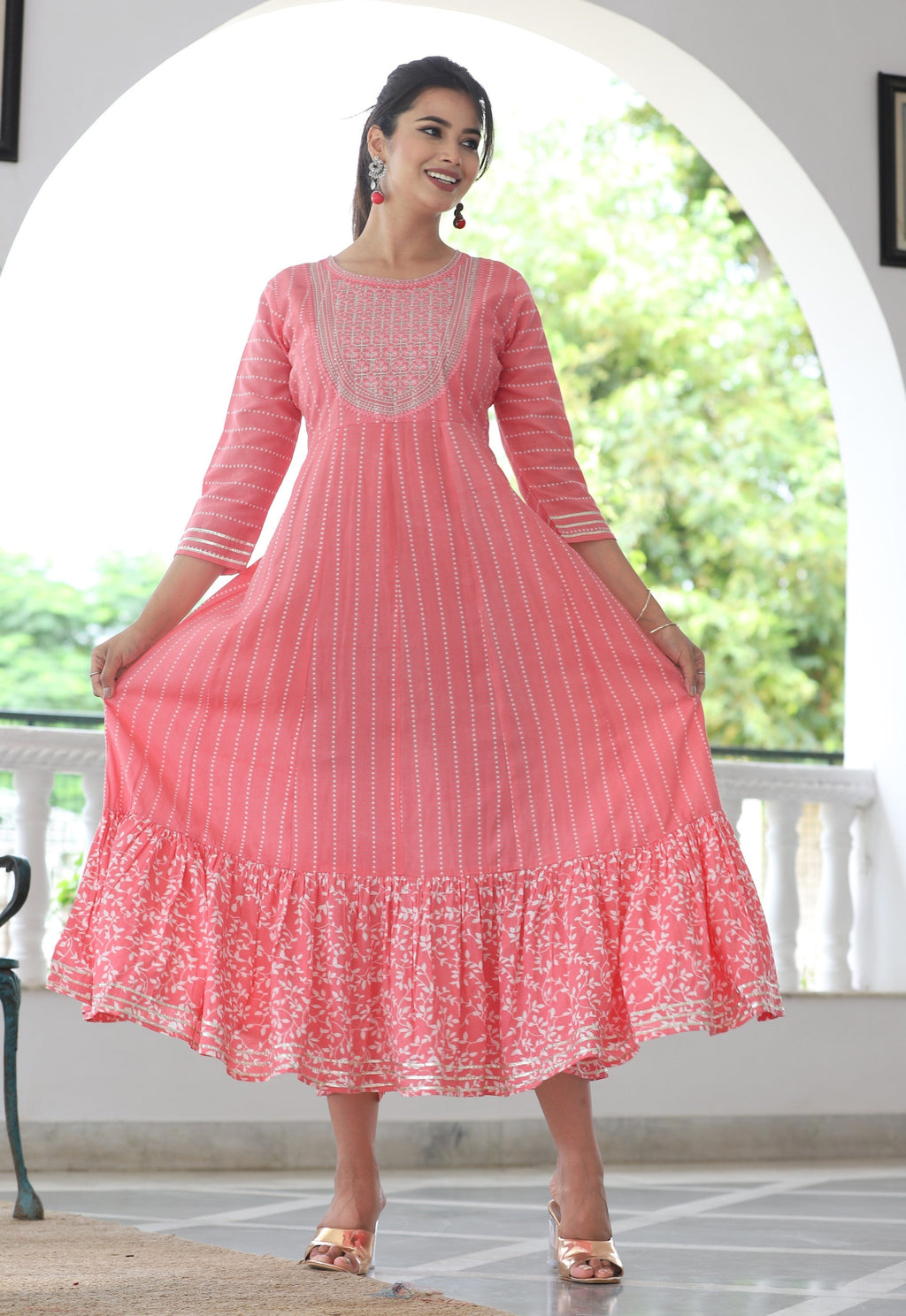 VOJ Women's BabyPink Rayon Floral Embroidered & Printed Tiered Anarkali Kurta | Grocsy