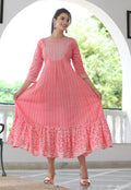 VOJ Women's BabyPink Rayon Floral Embroidered & Printed Tiered Anarkali Kurta | Grocsy
