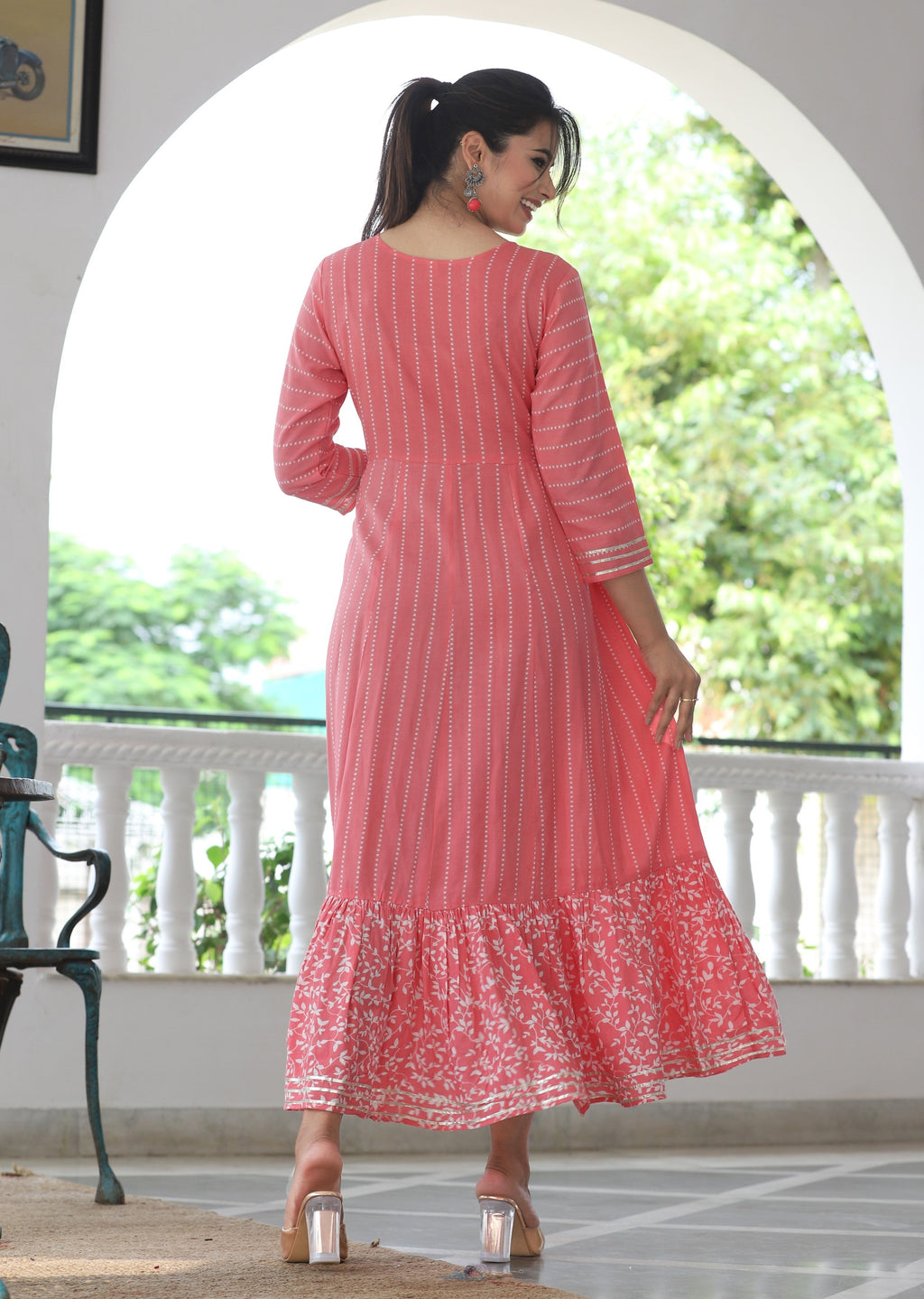 VOJ Women's BabyPink Rayon Floral Embroidered & Printed Tiered Anarkali Kurta | Grocsy