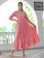 VOJ Women's BabyPink Rayon Floral Embroidered & Printed Tiered Anarkali Kurta | Grocsy