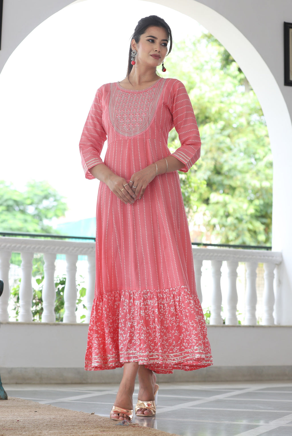 VOJ Women's BabyPink Rayon Floral Embroidered & Printed Tiered Anarkali Kurta | Grocsy