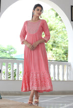 VOJ Women's BabyPink Rayon Floral Embroidered & Printed Tiered Anarkali Kurta | Grocsy