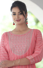 VOJ Women's BabyPink Rayon Floral Embroidered & Printed Tiered Anarkali Kurta | Grocsy