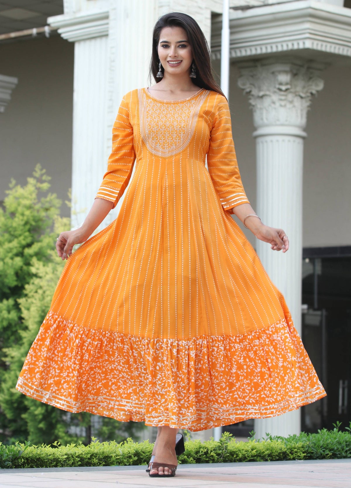 VOJ Women's Orange Rayon Floral Embroidered & Printed Tiered Anarkali Kurta | Grocsy
