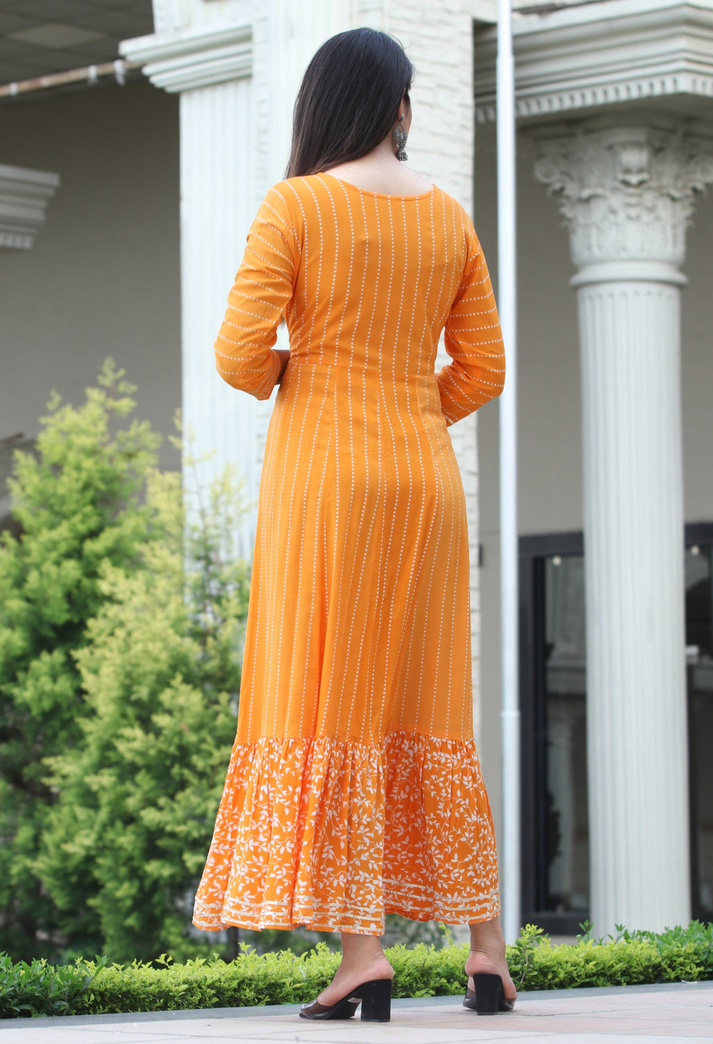 VOJ Women's Orange Rayon Floral Embroidered & Printed Tiered Anarkali Kurta | Grocsy
