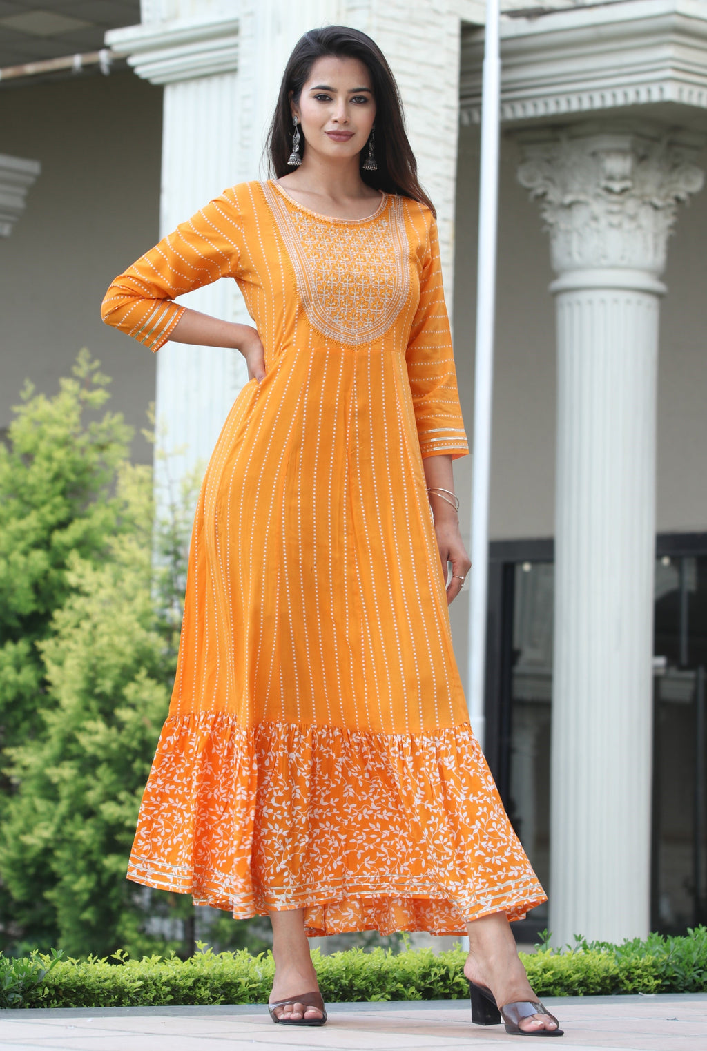 VOJ Women's Orange Rayon Floral Embroidered & Printed Tiered Anarkali Kurta | Grocsy