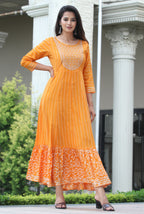 VOJ Women's Orange Rayon Floral Embroidered & Printed Tiered Anarkali Kurta | Grocsy