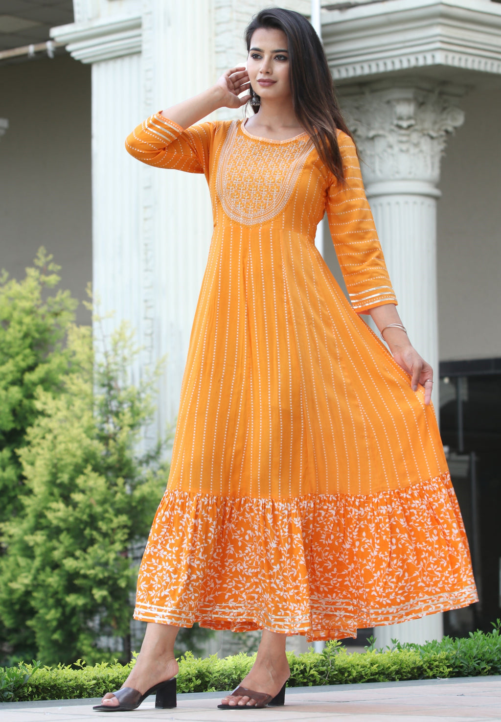 VOJ Women's Orange Rayon Floral Embroidered & Printed Tiered Anarkali Kurta | Grocsy