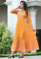 VOJ Women's Orange Rayon Floral Embroidered & Printed Tiered Anarkali Kurta | Grocsy