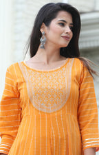 VOJ Women's Orange Rayon Floral Embroidered & Printed Tiered Anarkali Kurta | Grocsy