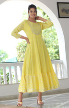 VOJ Women's Yellow Rayon Floral Embroidered & Printed Tiered Anarkali Kurta | Grocsy