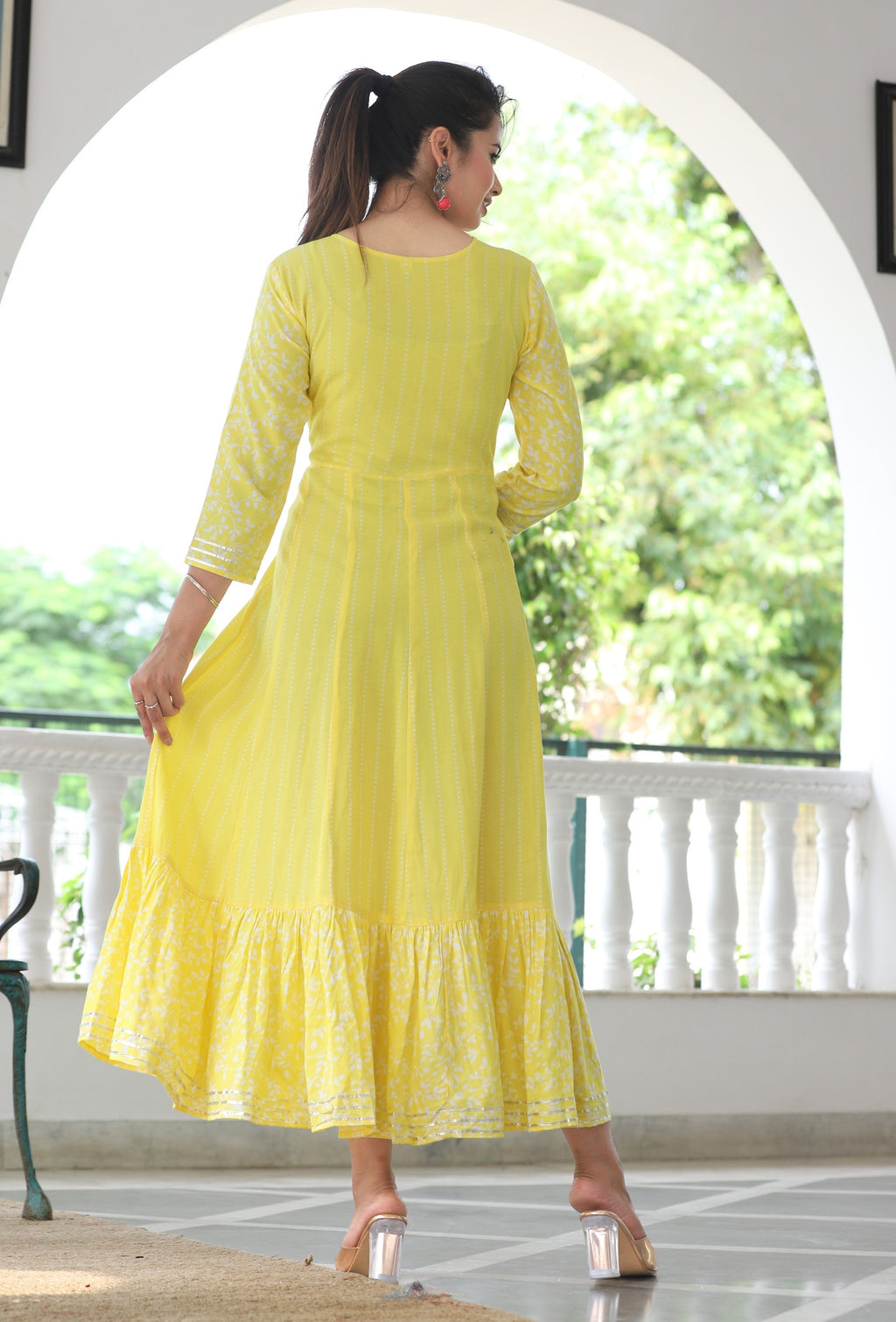 VOJ Women's Yellow Rayon Floral Embroidered & Printed Tiered Anarkali Kurta | Grocsy