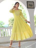 VOJ Women's Yellow Rayon Floral Embroidered & Printed Tiered Anarkali Kurta | Grocsy
