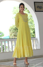 VOJ Women's Yellow Rayon Floral Embroidered & Printed Tiered Anarkali Kurta | Grocsy