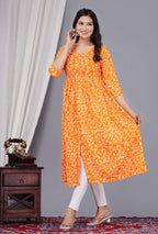 VOJ Women's Orange Rayon Floral Printed Frontsilt Anarkali Kurta | Grocsy