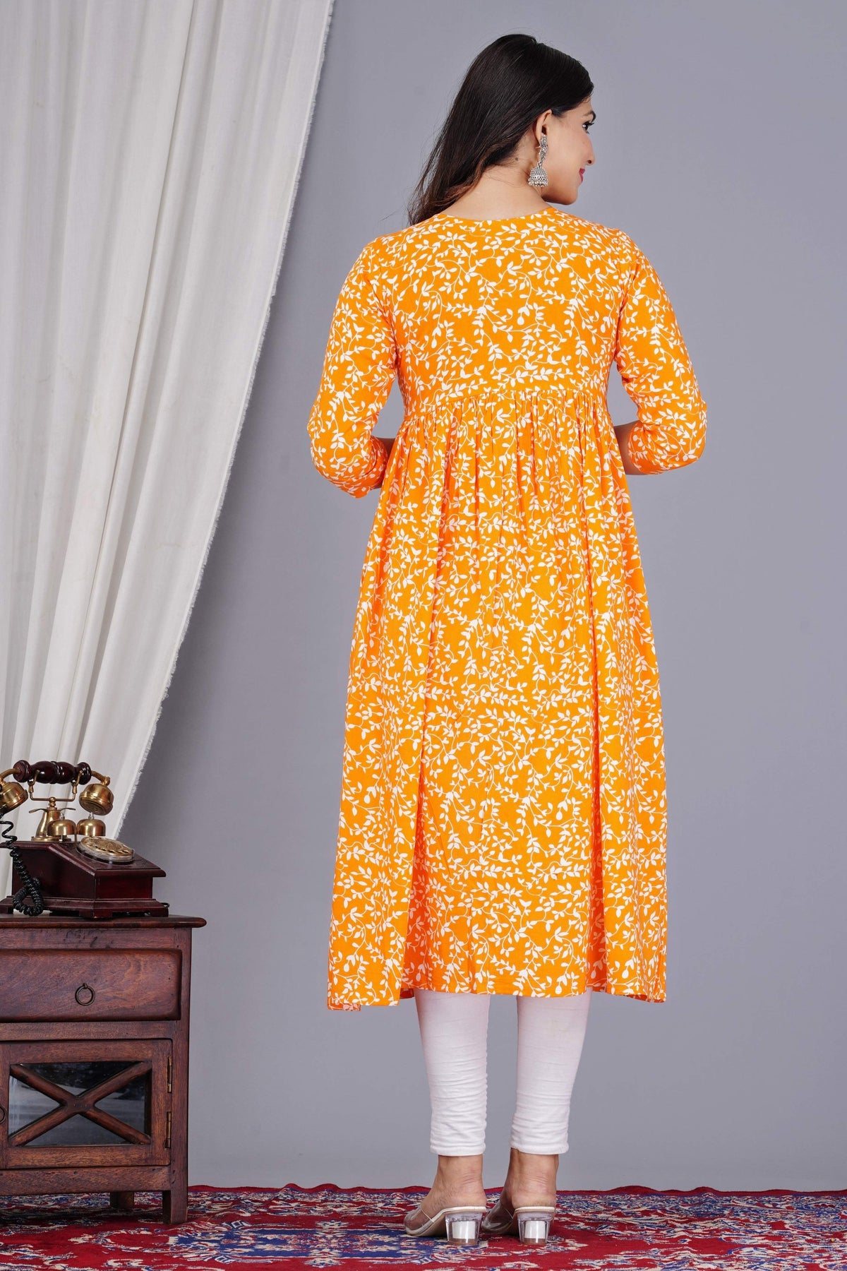 VOJ Women's Orange Rayon Floral Printed Frontsilt Anarkali Kurta | Grocsy