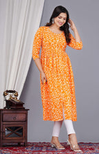 VOJ Women's Orange Rayon Floral Printed Frontsilt Anarkali Kurta | Grocsy