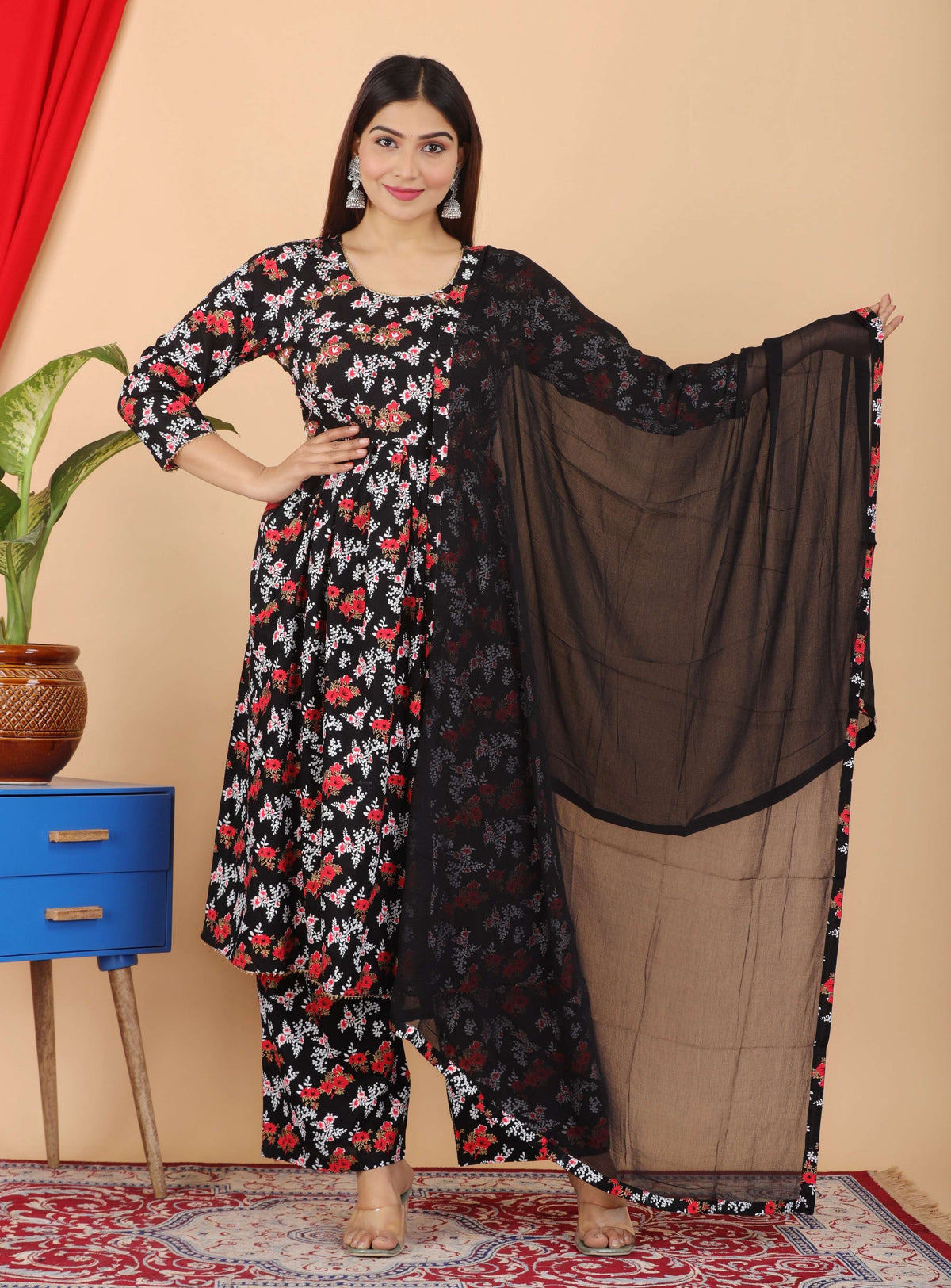 VOJ Women's Black Rayon Floral Print Kurta, Pant & Dupatta Set (Umbrella Cut) | Grocsy