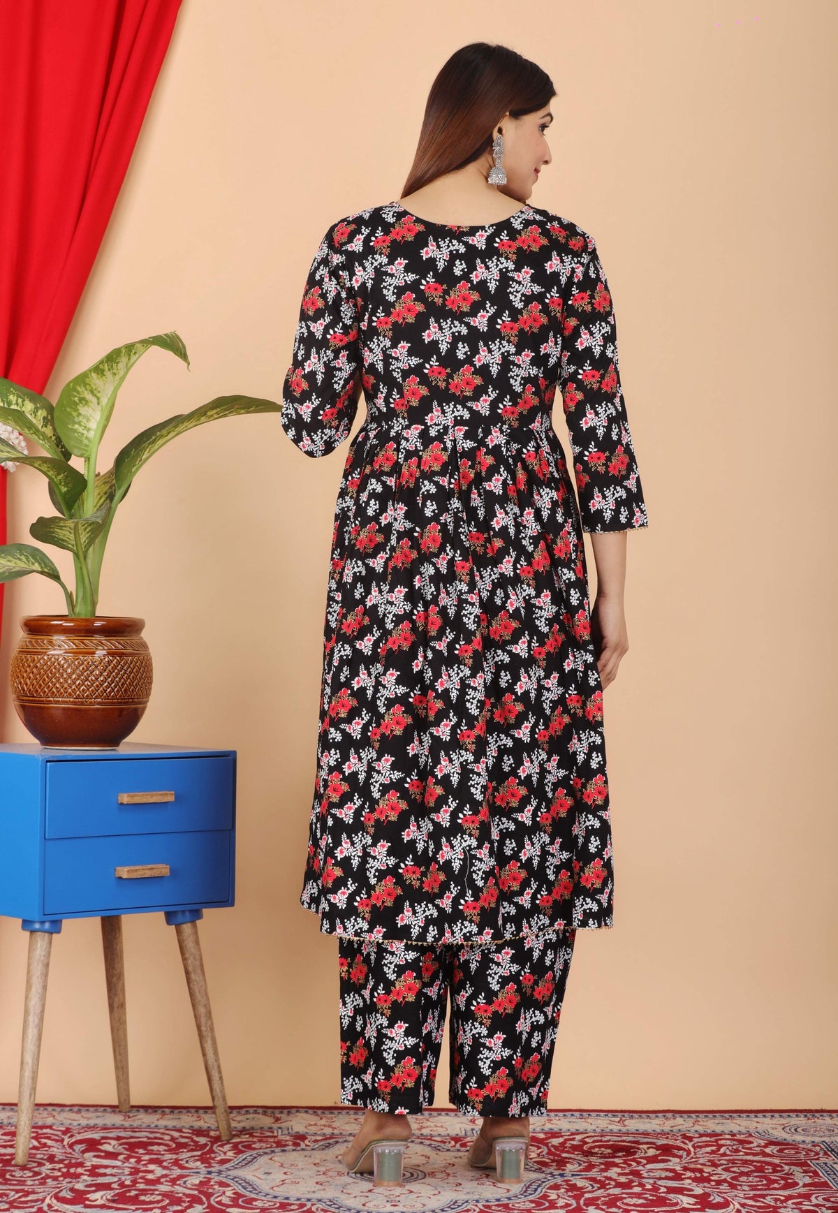 VOJ Women's Black Rayon Floral Print Kurta, Pant & Dupatta Set (Umbrella Cut) | Grocsy