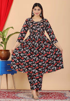 VOJ Women's Black Rayon Floral Print Kurta, Pant & Dupatta Set (Umbrella Cut) | Grocsy