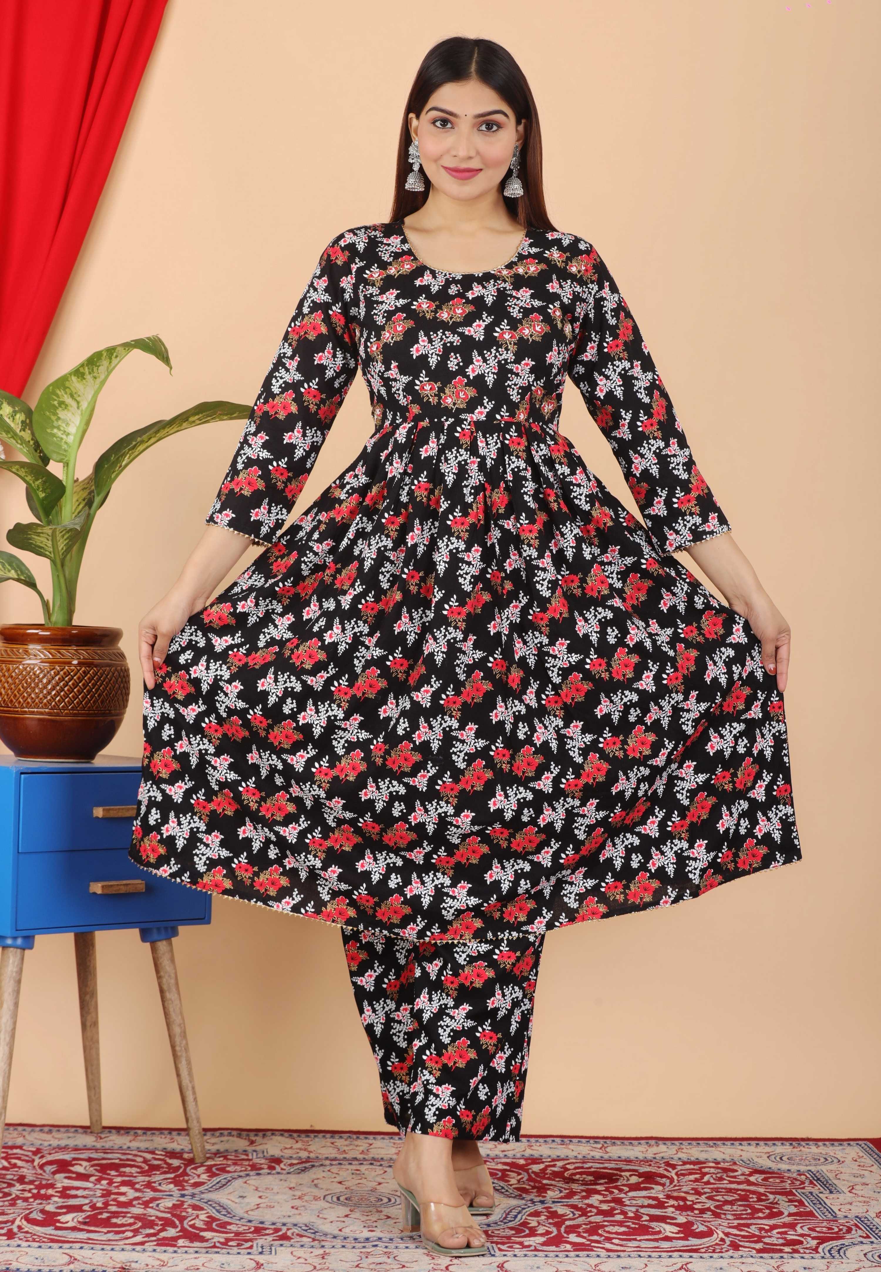 VOJ Women's Black Rayon Floral Print Kurta, Pant & Dupatta Set (Umbrella Cut) | Grocsy