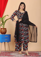 VOJ Women's Black Rayon Floral Print Kurta, Pant & Dupatta Set (Umbrella Cut) | Grocsy