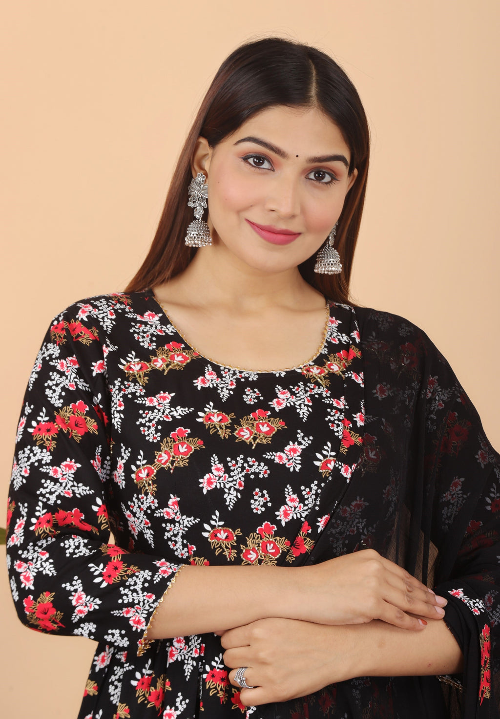 VOJ Women's Black Rayon Floral Print Kurta, Pant & Dupatta Set (Umbrella Cut) | Grocsy