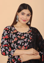 VOJ Women's Black Rayon Floral Print Kurta, Pant & Dupatta Set (Umbrella Cut) | Grocsy