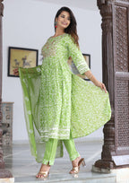 VOJ Women's Mint Rayon Embroidered Kurta Pant & Dupatta Set (Naira Cut) | Grocsy