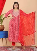 VOJ Women's Red Rayon Embroidered Kurta Pant & Dupatta Set (Naira Cut) | Grocsy