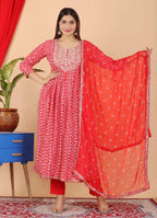 VOJ Women's Red Rayon Embroidered Kurta Pant & Dupatta Set (Naira Cut) | Grocsy