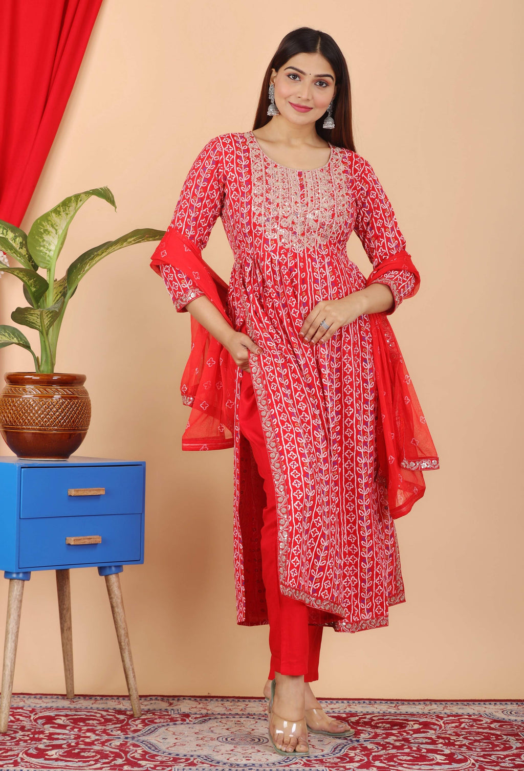 VOJ Women's Red Rayon Embroidered Kurta Pant & Dupatta Set (Naira Cut) | Grocsy