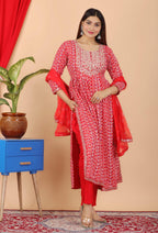 VOJ Women's Red Rayon Embroidered Kurta Pant & Dupatta Set (Naira Cut) | Grocsy