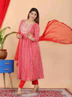 VOJ Women's Red Rayon Embroidered Kurta Pant & Dupatta Set (Naira Cut) | Grocsy