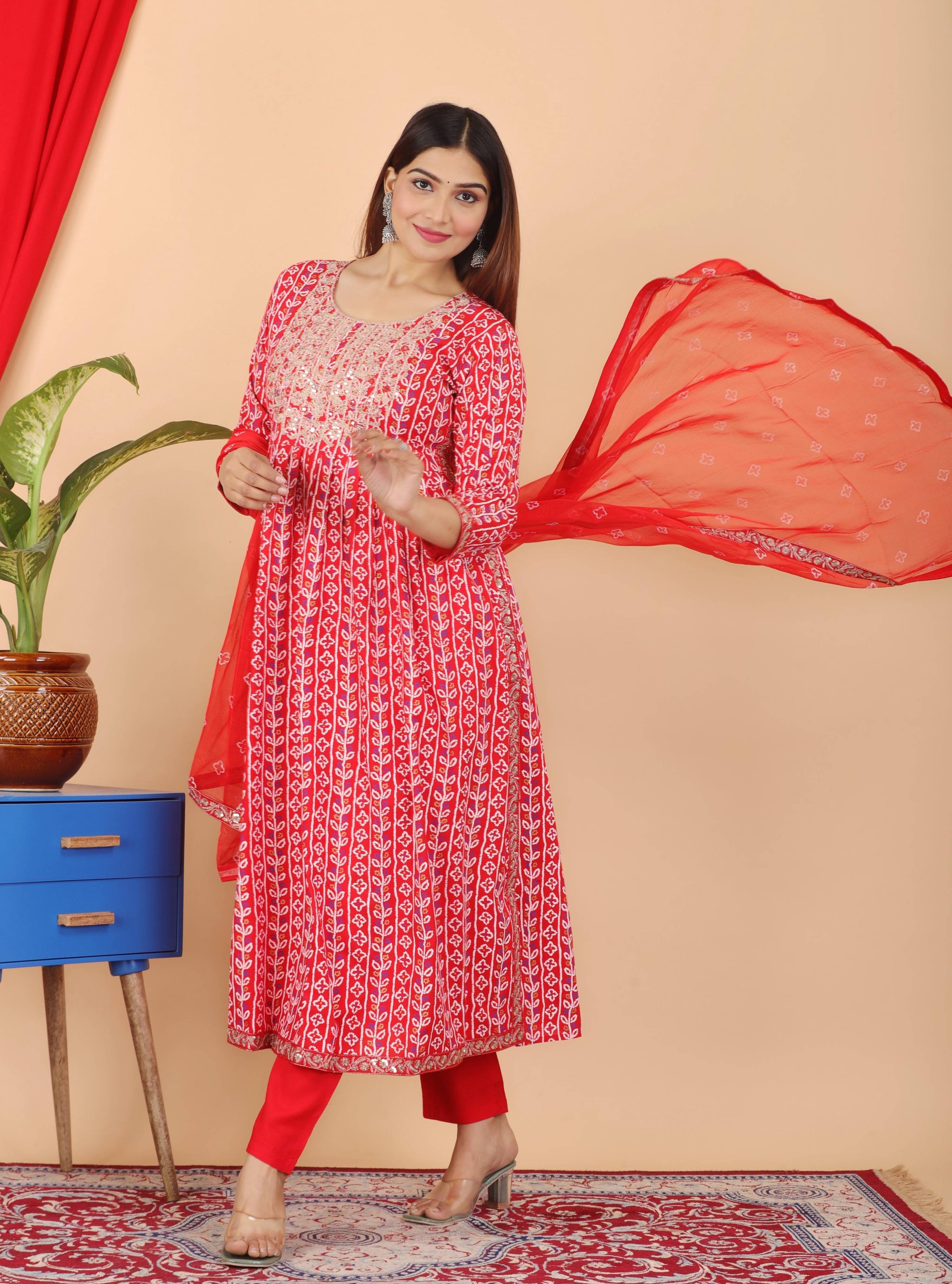 VOJ Women's Red Rayon Embroidered Kurta Pant & Dupatta Set (Naira Cut) | Grocsy