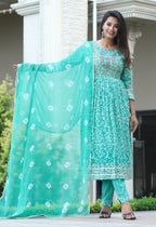 VOJ Women's Sege Green Rayon Embroidered Kurta Pant & Dupatta Set (Naira Cut) | Grocsy
