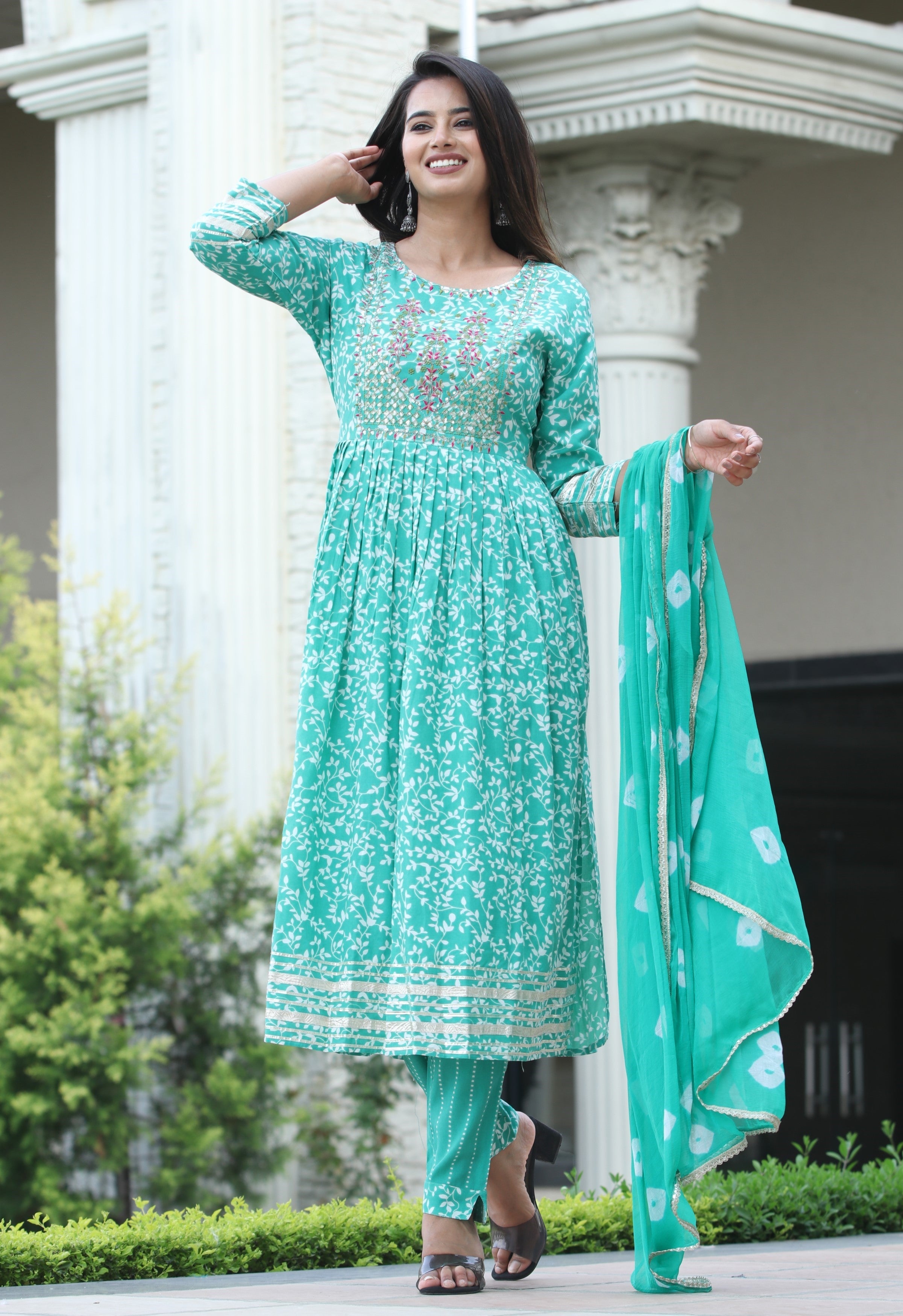VOJ Women's Sege Green Rayon Embroidered Kurta Pant & Dupatta Set (Naira Cut) | Grocsy