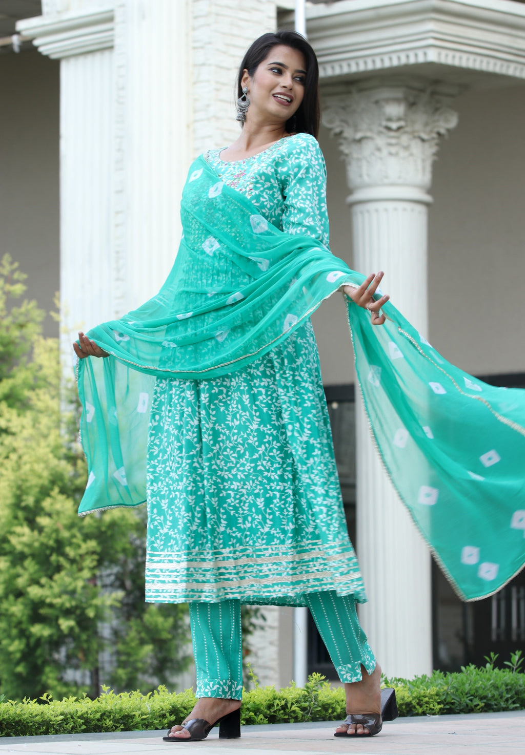 VOJ Women's Sege Green Rayon Embroidered Kurta Pant & Dupatta Set (Naira Cut) | Grocsy
