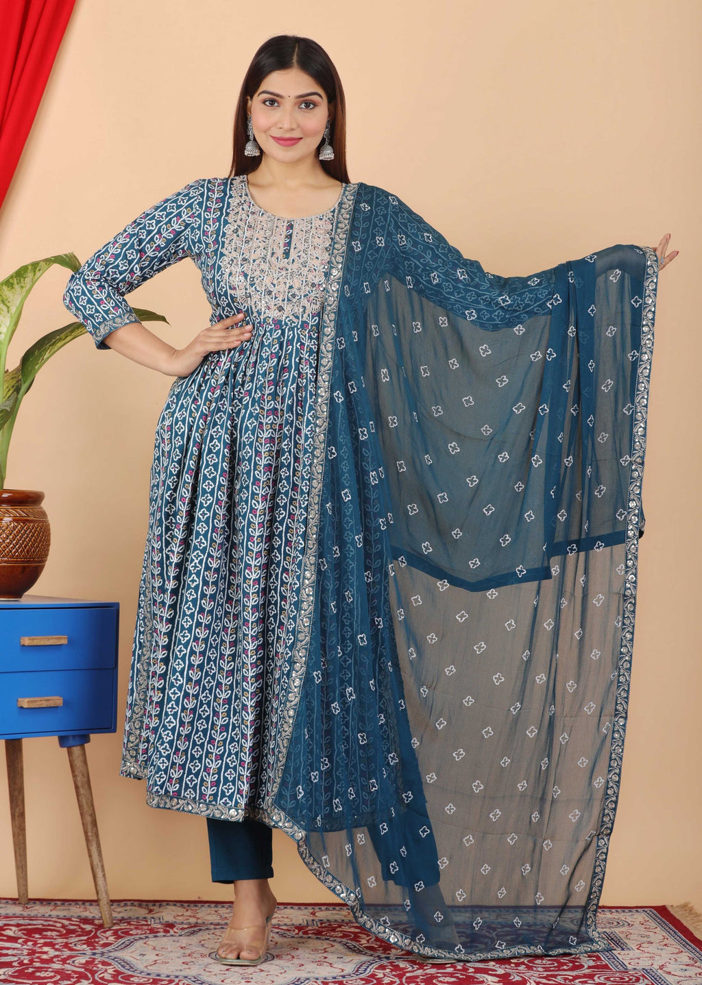 VOJ Women's Turquoise Rayon Embroidered Kurta Pant & Dupatta Set (Naira Cut) | Grocsy