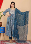 VOJ Women's Turquoise Rayon Embroidered Kurta Pant & Dupatta Set (Naira Cut) | Grocsy