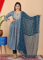 VOJ Women's Turquoise Rayon Embroidered Kurta Pant & Dupatta Set (Naira Cut) | Grocsy