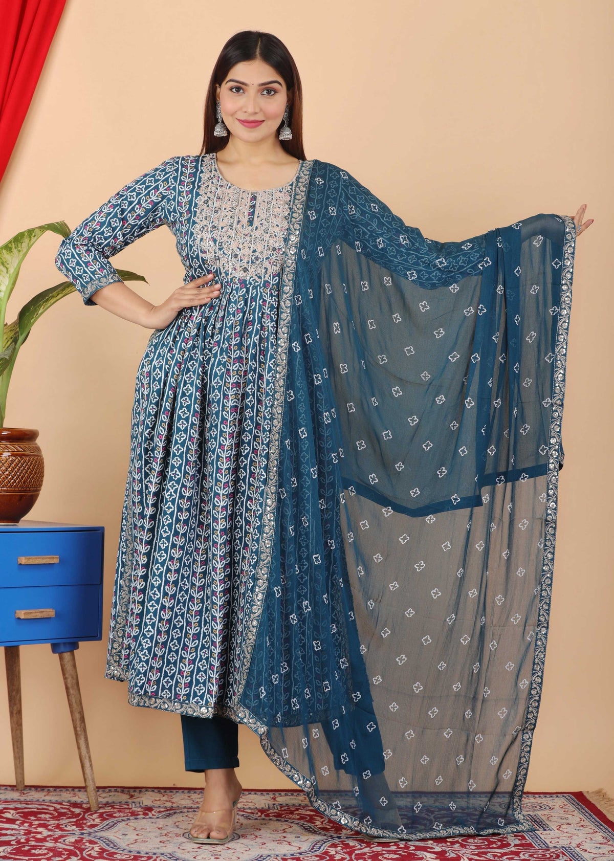 VOJ Women's Turquoise Rayon Embroidered Kurta Pant & Dupatta Set (Naira Cut) | Grocsy