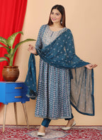 VOJ Women's Turquoise Rayon Embroidered Kurta Pant & Dupatta Set (Naira Cut) | Grocsy