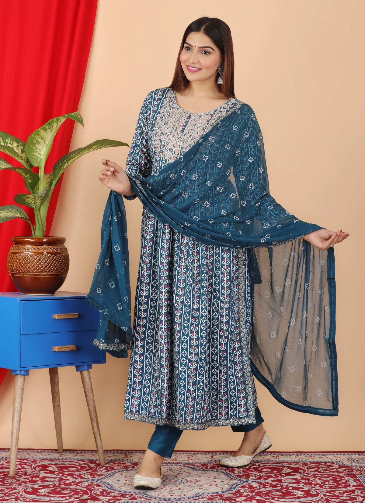VOJ Women's Turquoise Rayon Embroidered Kurta Pant & Dupatta Set (Naira Cut) | Grocsy