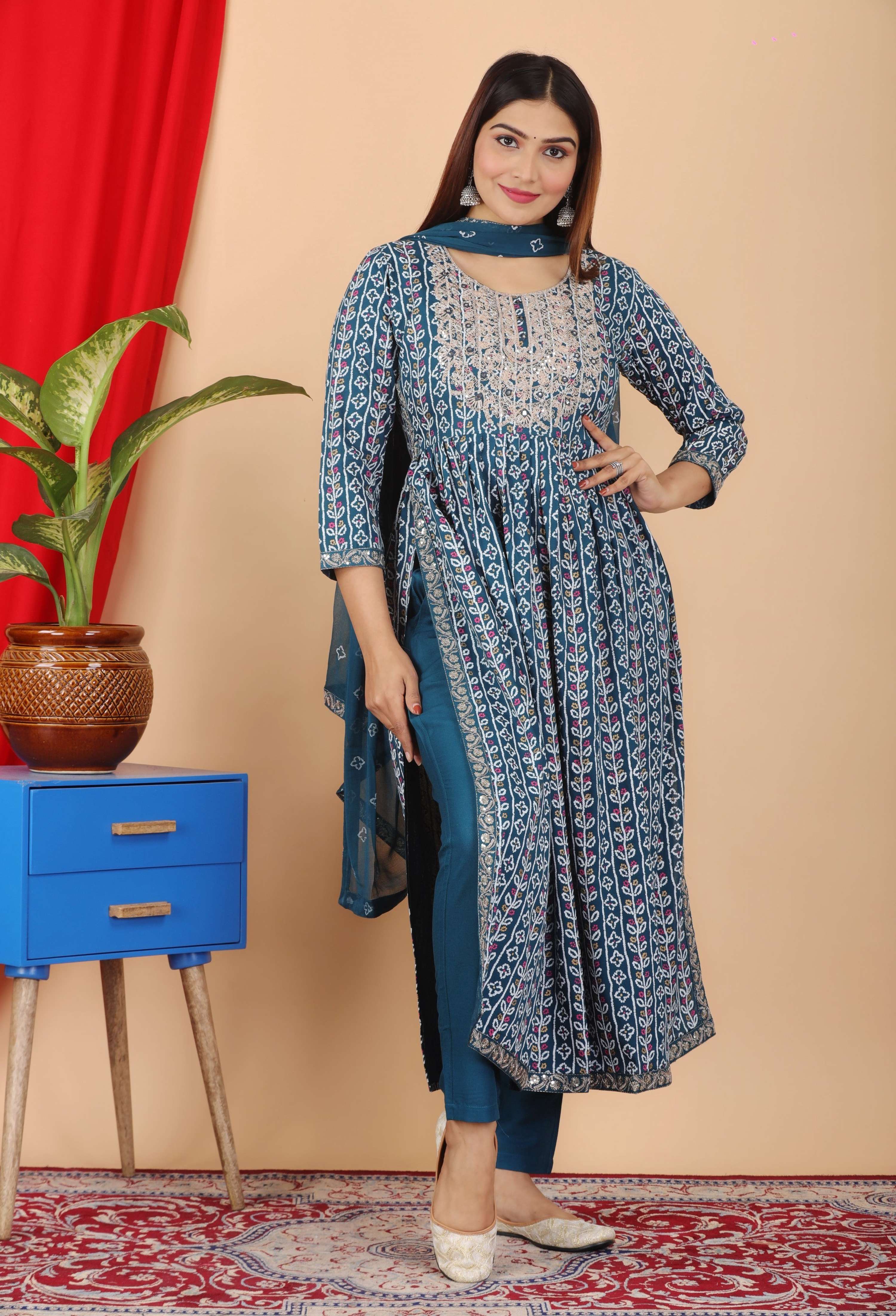 VOJ Women's Turquoise Rayon Embroidered Kurta Pant & Dupatta Set (Naira Cut) | Grocsy