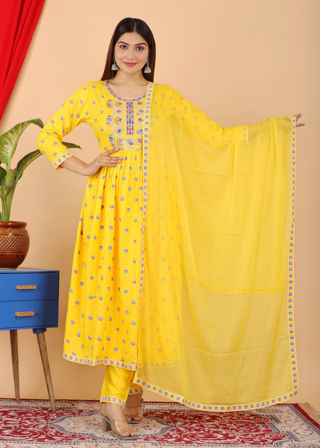 VOJ Women's Yellow Rayon Embroidered Kurta Pant & Dupatta Set (Naira Cut) | Grocsy