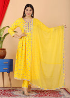 VOJ Women's Yellow Rayon Embroidered Kurta Pant & Dupatta Set (Naira Cut) | Grocsy