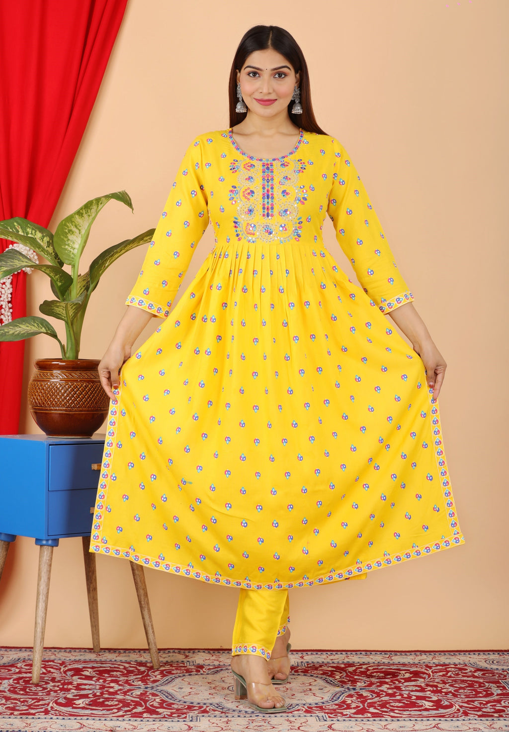 VOJ Women's Yellow Rayon Embroidered Kurta Pant & Dupatta Set (Naira Cut) | Grocsy