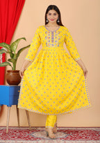VOJ Women's Yellow Rayon Embroidered Kurta Pant & Dupatta Set (Naira Cut) | Grocsy